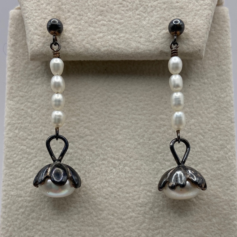 Vintage Sterling Silver 925 White Cultured Pearl Dangle Drop Earrings Pierced